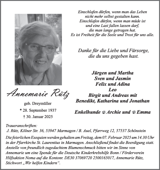 Traueranzeige von Annemarie Rütz von WochenSpiegel
