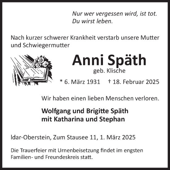 Traueranzeige von Anni Späth von WochenSpiegel