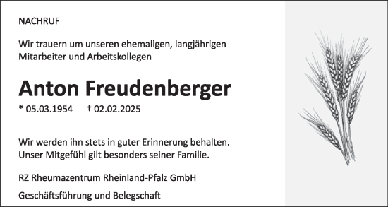 Traueranzeige von Anton Freudenberger von WochenSpiegel