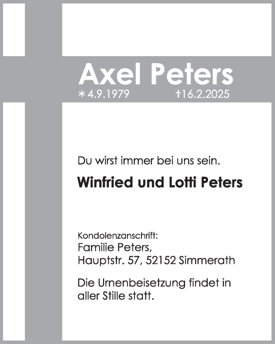 Traueranzeige von Axel Peters von WochenSpiegel