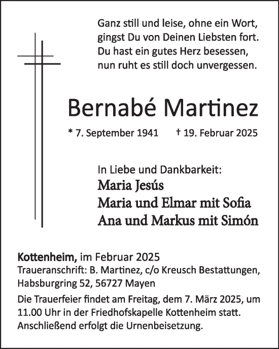 Traueranzeige von Bernabé Martinez von WochenSpiegel