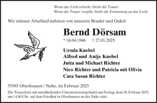 Traueranzeige von Bernd Dörsam von WochenSpiegel