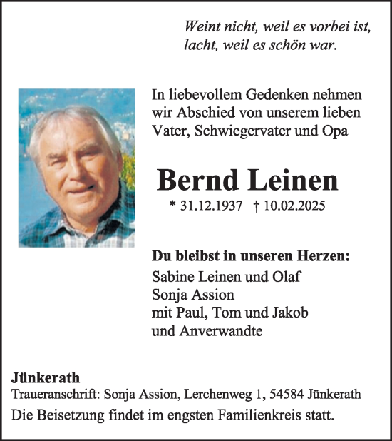 Traueranzeige von Bernd Leinen von WochenSpiegel