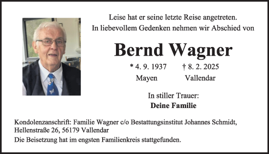 Traueranzeige von Bernd Wagner von WochenSpiegel