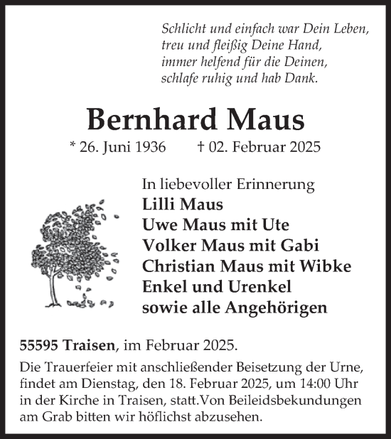 Traueranzeige von Bernhard Maus von WochenSpiegel