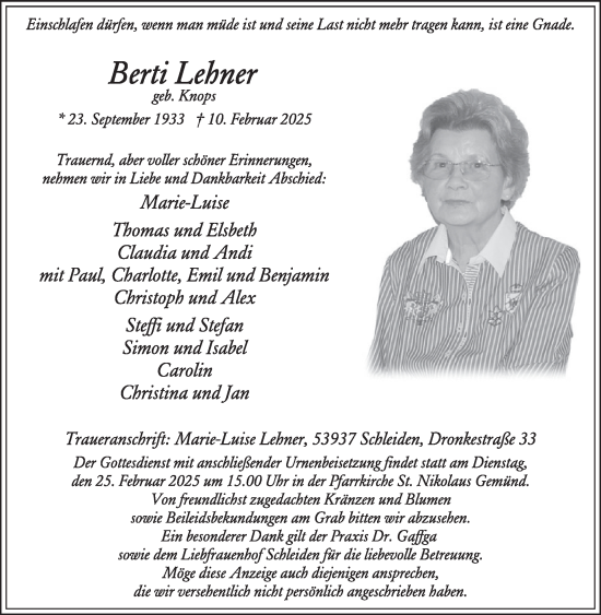 Traueranzeige von Berti Lehner von WochenSpiegel