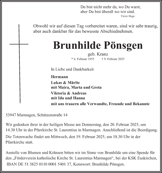 Traueranzeige von Brunhilde Pönsgen von WochenSpiegel