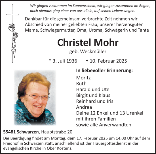 Traueranzeige von Christel Mohr von WochenSpiegel