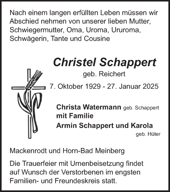 Traueranzeige von Christel Schappert von WochenSpiegel