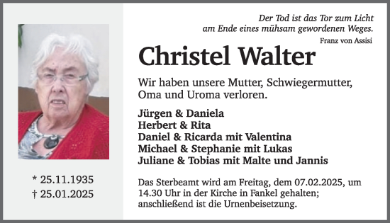 Traueranzeige von Christel Walter von WochenSpiegel
