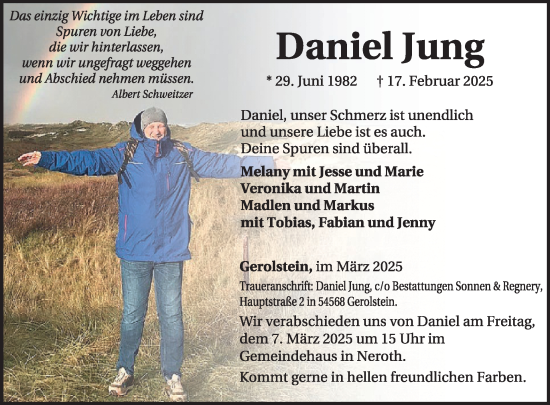 Traueranzeige von Daniel Jung von WochenSpiegel