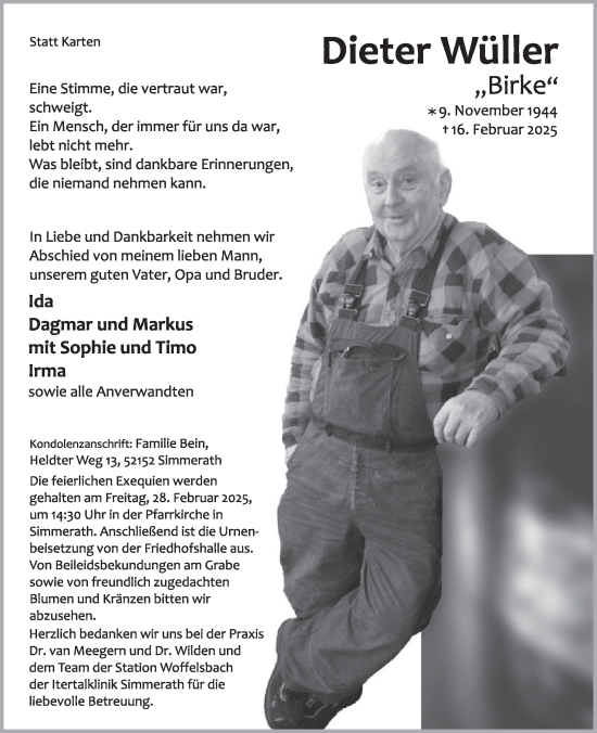 Traueranzeige von Dieter Wüller von WochenSpiegel