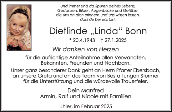 Traueranzeige von Dietlinde Bonn von WochenSpiegel