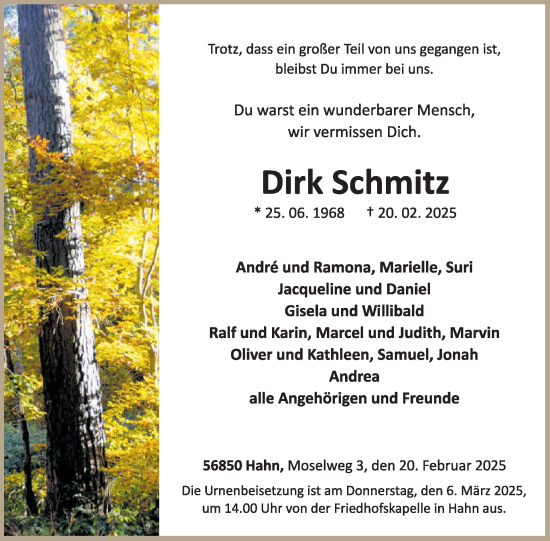 Traueranzeige von Dirk Schmitz von WochenSpiegel