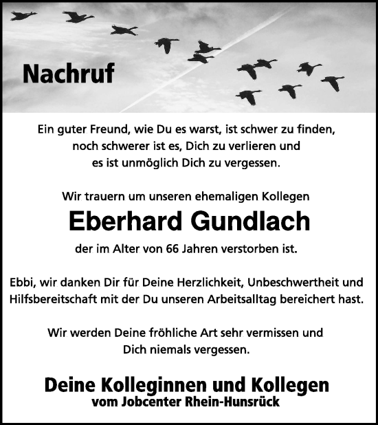 Traueranzeige von Eberhard Gundlach von WochenSpiegel