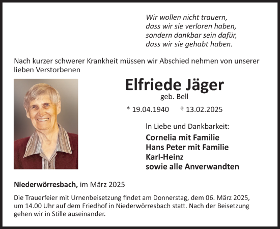 Traueranzeige von Elfriede Jäger von WochenSpiegel