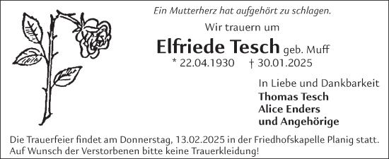 Traueranzeige von Elfriede Tesch von WochenSpiegel