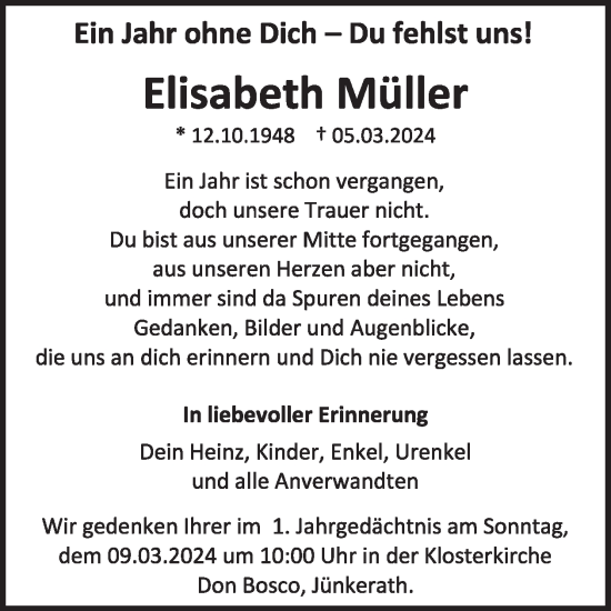Traueranzeige von Elisabeth Müller von WochenSpiegel