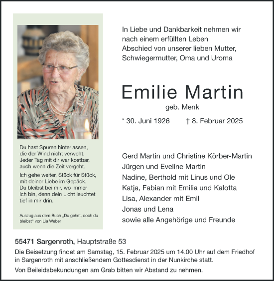 Traueranzeige von Emilie Martin von WochenSpiegel
