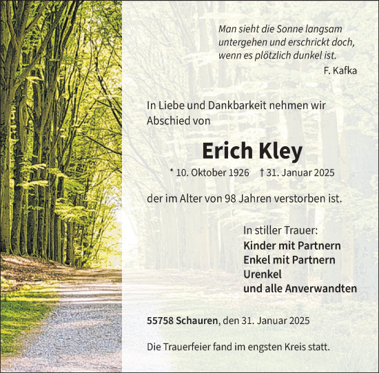 Traueranzeige von Erich Kley von WochenSpiegel