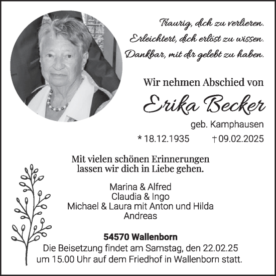 Traueranzeige von Erika Becker von WochenSpiegel