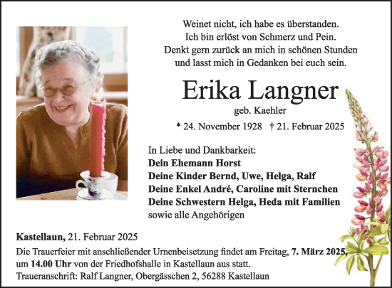 Traueranzeige von Erika Langner von WochenSpiegel