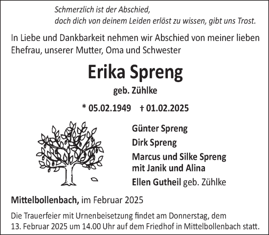 Traueranzeige von Erika Spreng von WochenSpiegel
