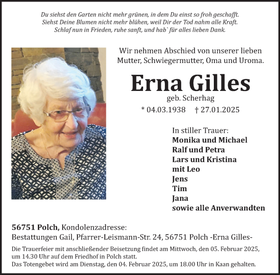 Traueranzeige von Erna Gilles von WochenSpiegel