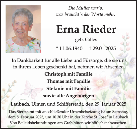 Traueranzeige von Erna Rieder von WochenSpiegel