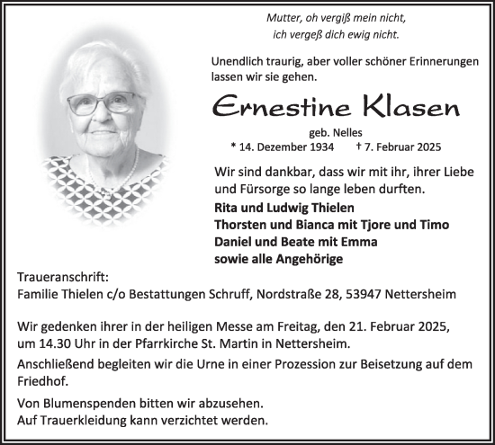 Traueranzeige von Ernestine Klasen von WochenSpiegel