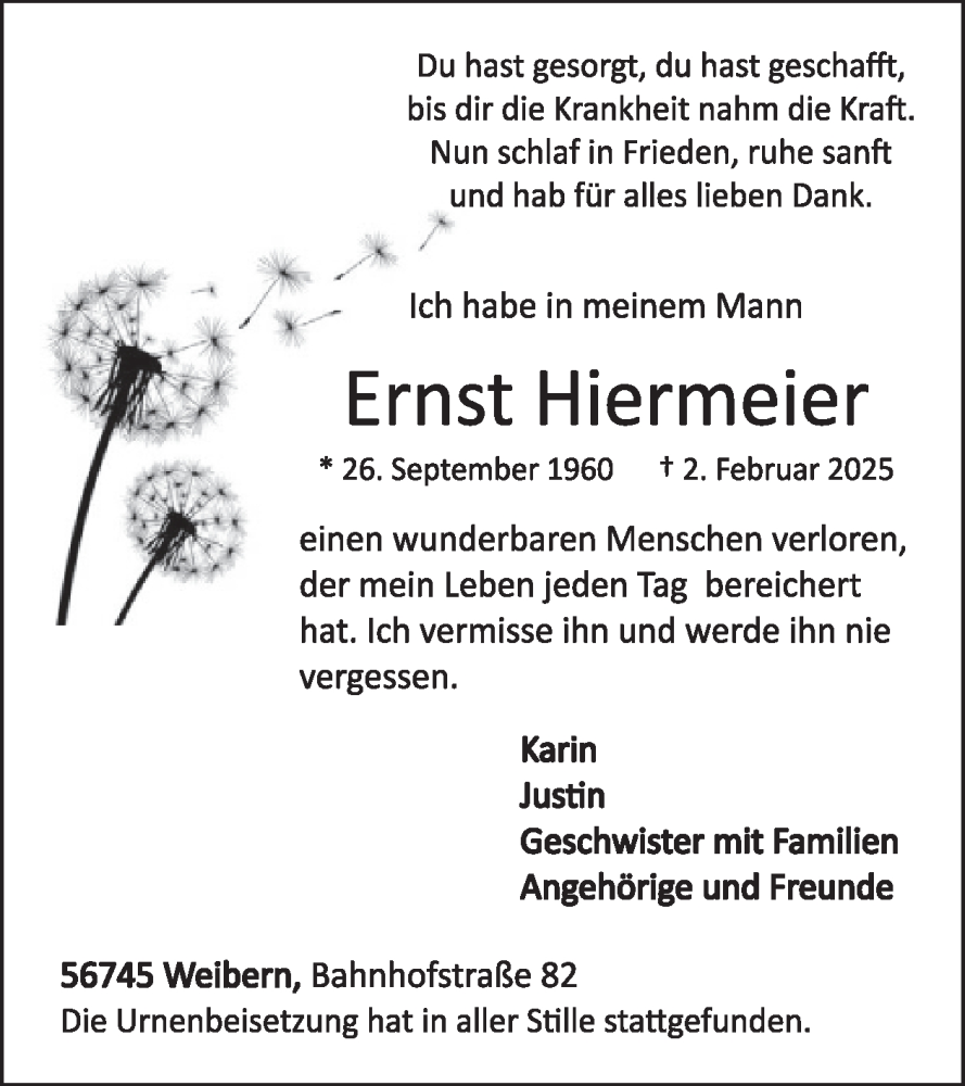  Traueranzeige für Ernst Hiermeier vom 12.02.2025 aus WochenSpiegel