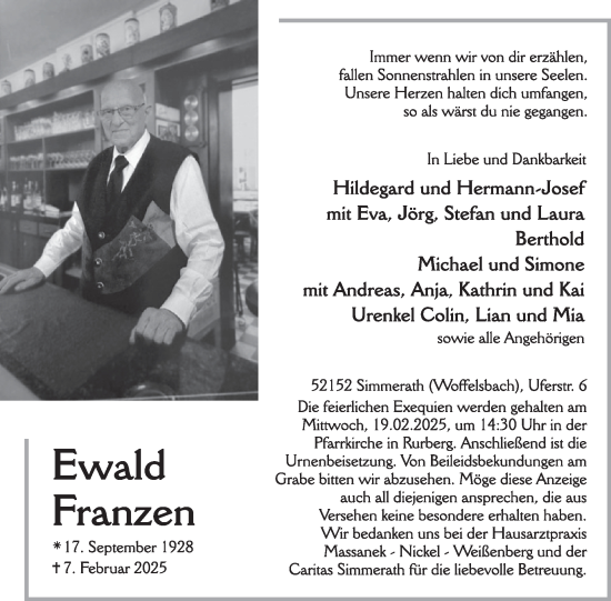Traueranzeige von Ewald Franzen von WochenSpiegel