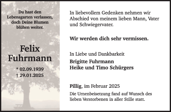 Traueranzeige von Felix Fuhrmann von WochenSpiegel