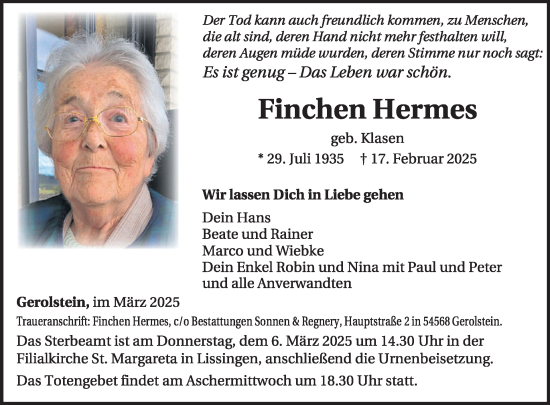 Traueranzeige von Finchen Hermes von WochenSpiegel