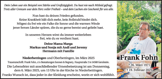 Traueranzeige von Frank Fohn von WochenSpiegel