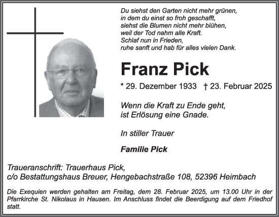 Traueranzeige von Franz Pick von WochenSpiegel