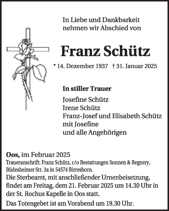 Traueranzeige von Franz Schütz von WochenSpiegel