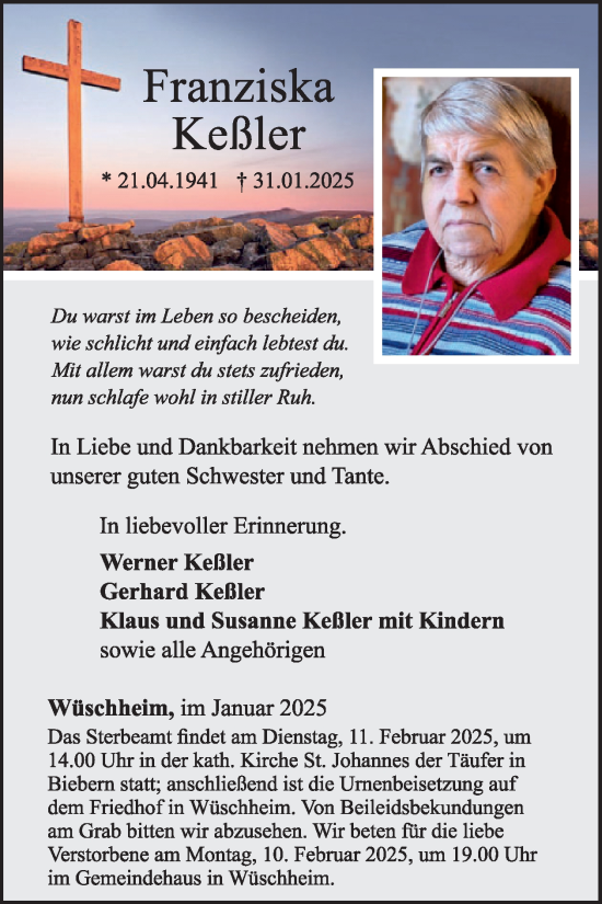 Traueranzeige von Franziska Keßler von WochenSpiegel