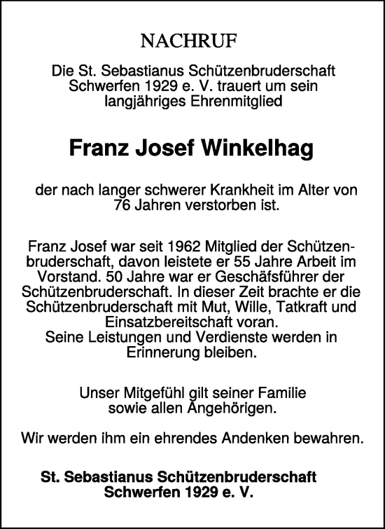 Traueranzeige von Franz Josef Winkelhag von WochenSpiegel