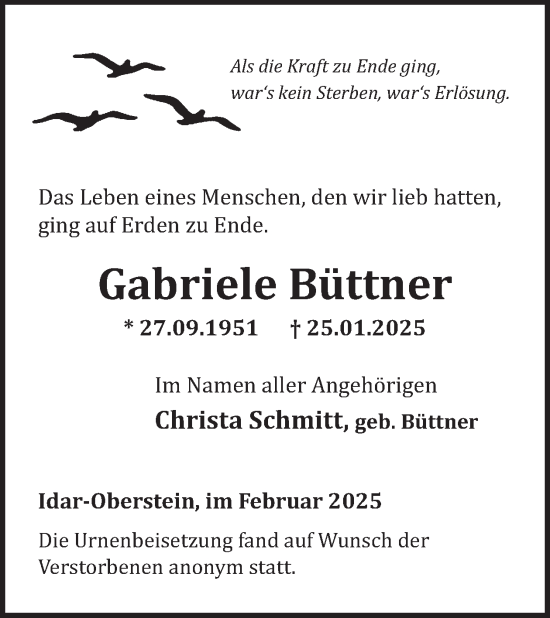 Traueranzeige von Gabriele Büttner von WochenSpiegel