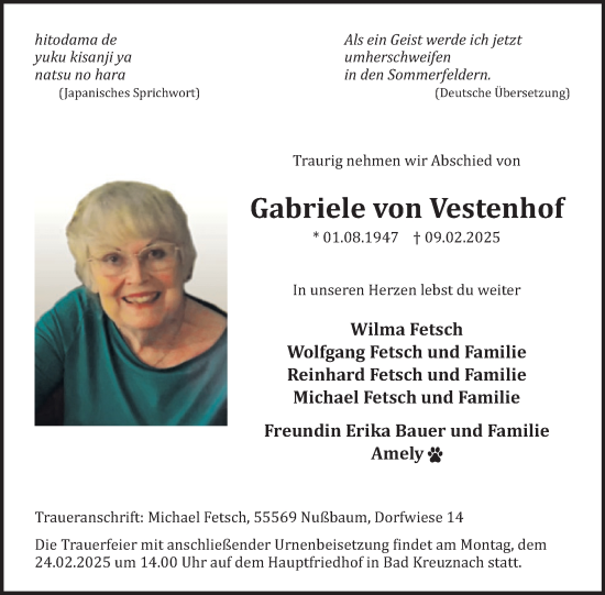 Traueranzeige von Gabriele von Vestenhof von WochenSpiegel