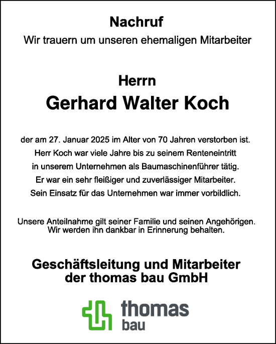 Traueranzeige von Gerhard Walter Koch von WochenSpiegel