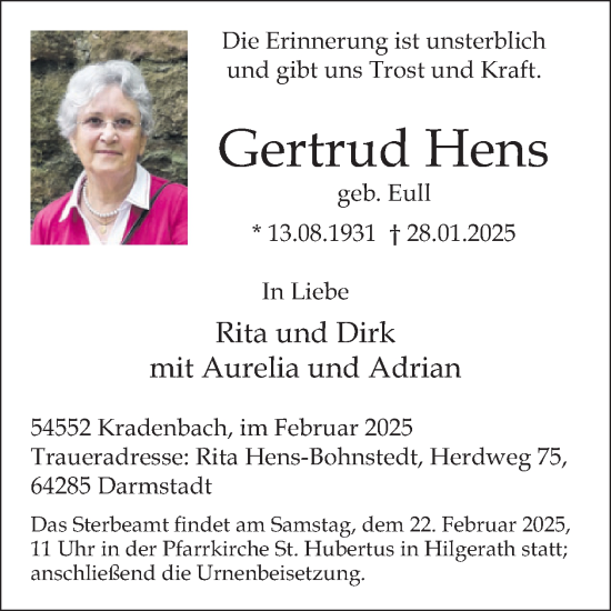Traueranzeige von Gertrud Hens von WochenSpiegel
