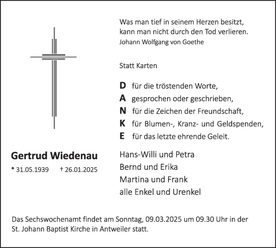 Traueranzeige von Gertrud Wiedenau von WochenSpiegel