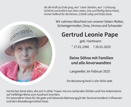 Traueranzeige von Gertrud Leonie Pape von WochenSpiegel