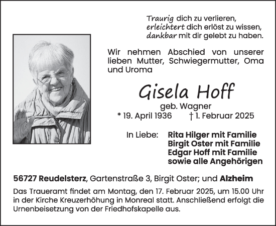 Traueranzeige von Gisela Hoff von WochenSpiegel