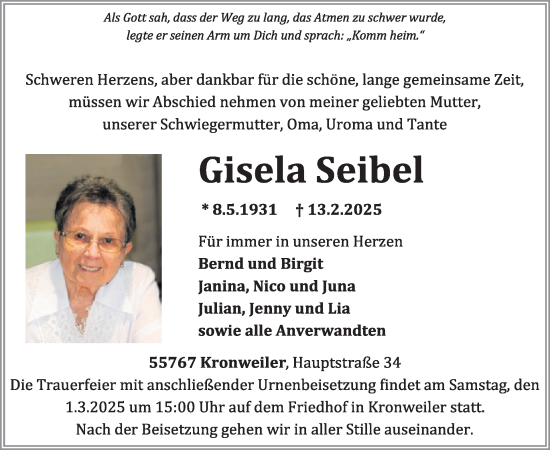 Traueranzeige von Gisela Seibel von WochenSpiegel