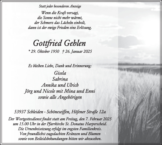 Traueranzeige von Gottfried Gehlen von WochenSpiegel