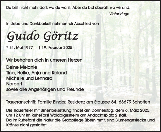 Traueranzeige von Guido Göritz von WochenSpiegel