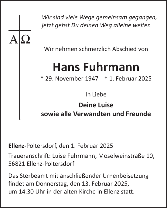 Traueranzeige von Hans Fuhrmann von WochenSpiegel